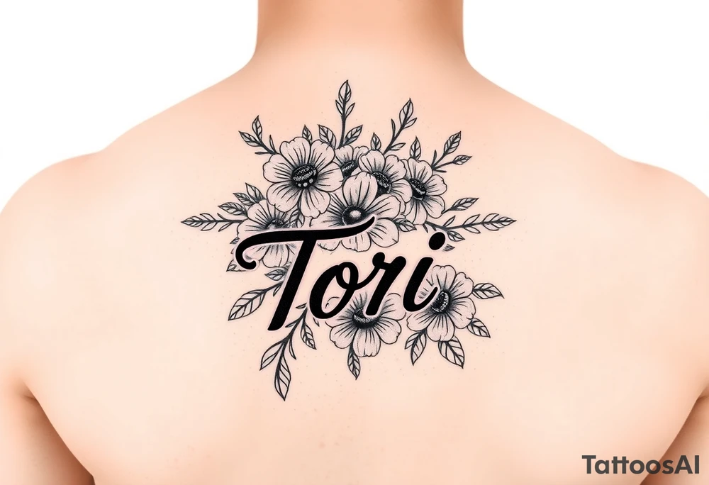 Name Tori with flowers hand tattoo idea