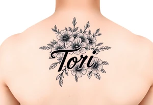 Name Tori with flowers hand tattoo idea