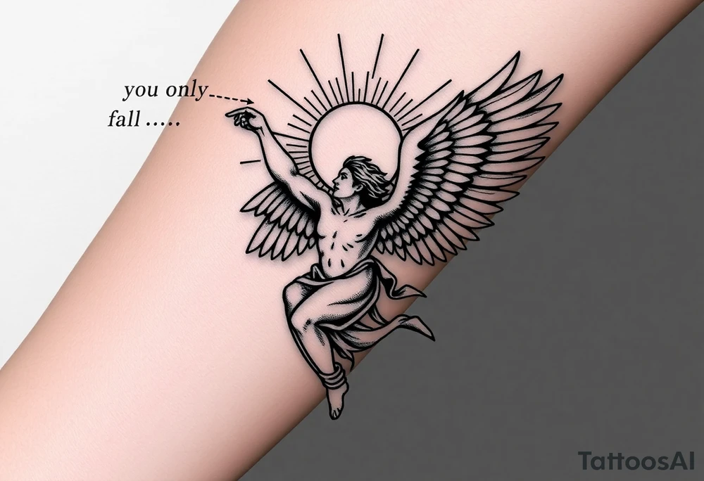 Angel falling with one hand pointed up towards a Greek like sun, with top left saying “you only fall” and the bottom right saying “to soar once again” with the font matching the majesty of the angel and sun. I want this vertically and I want the angel to be realistic, a man kinda like Lucifer falling but without the devil aspects tattoo idea