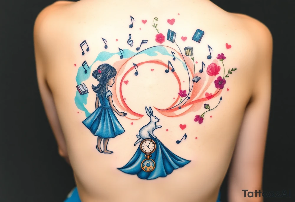 Back view of the silhouette of a girl in a blue dress. She is following a small white rabbit towards a colorful swirl with music notes, books, and flowers. A pocket watch is at the end of the swirl. tattoo idea