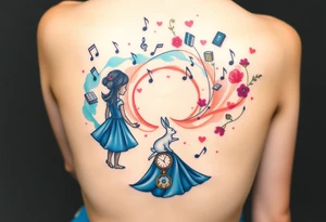 Back view of the silhouette of a girl in a blue dress. She is following a small white rabbit towards a colorful swirl with music notes, books, and flowers. A pocket watch is at the end of the swirl. tattoo idea