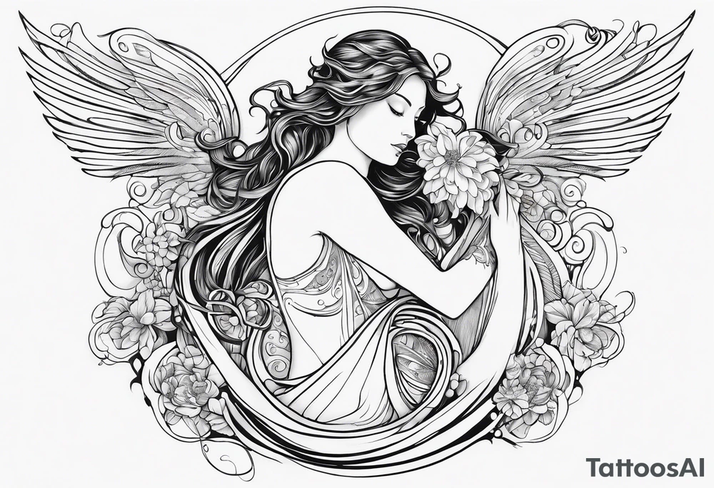 A black line ink design for a full sleeve tattoo featuring a beautiful, semi-naked woman representing the Aquarius water bearer. She has elegant, detailed angel wings and is pouring water out of a jug into a flowing stream. The stream curves around the arm, and within it, a single crab is visible, symbolizing the zodiac sign Cancer. The design should emphasize intricate line work, with a focus on the flowing water, the woman’s serene expression, and the detailed wings. The overall style should be elegant and mystical, with an emphasis on the contrast between the soft curves of the woman and the fluidity of the water, all rendered in black ink only. tattoo idea