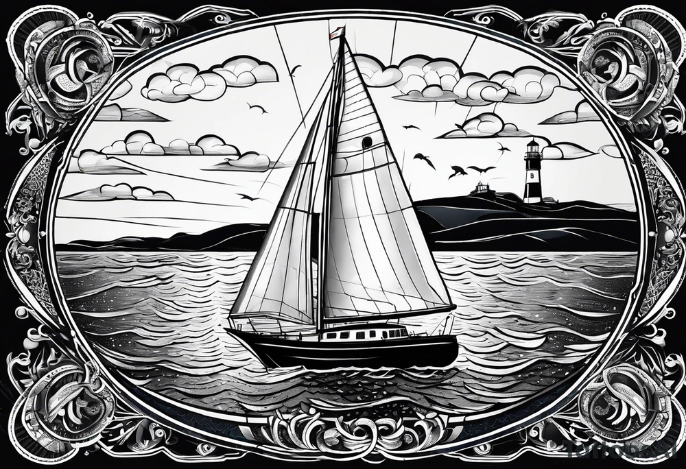 sailboat sail patched in such a way that it resembles a maritime lighthouse. tattoo idea