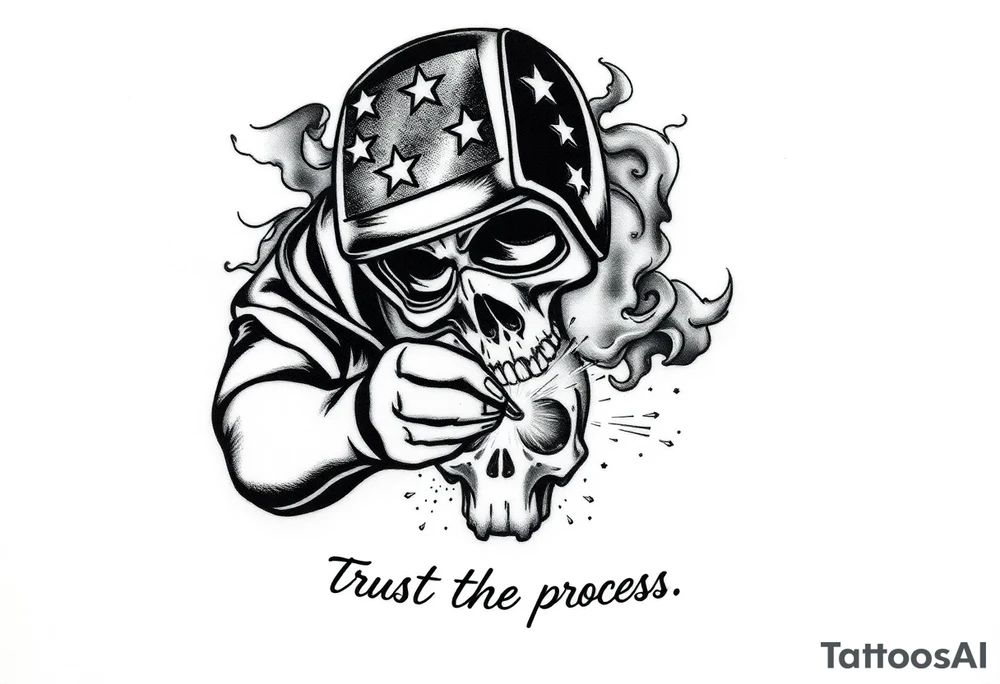 Create a tattoo, in black and white, of a welder, wearing a welder's helmet with stars on it. from only the arms up, welding on a skull Include sparks, and subtle smoke throughout the background as well as the quote, trust the process, at the bottom where the arm meets the wrist. This needs to be sized for a forearm, add shading in the background in the form of smoke tattoo idea