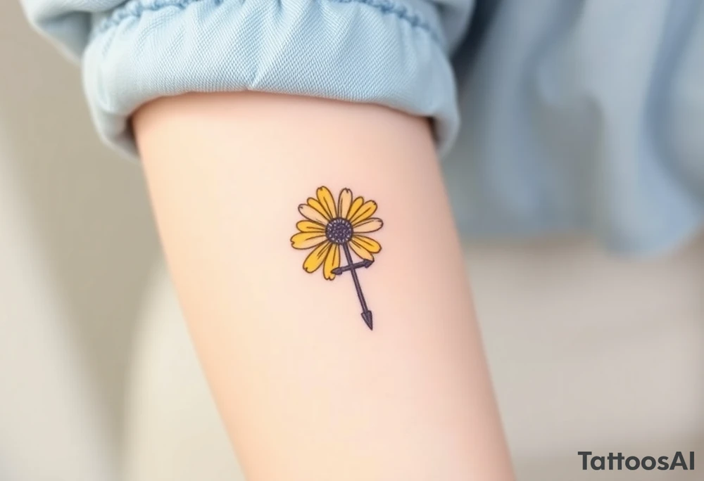 Simple yellow daisy with Purple Hearts & cross tattoo idea