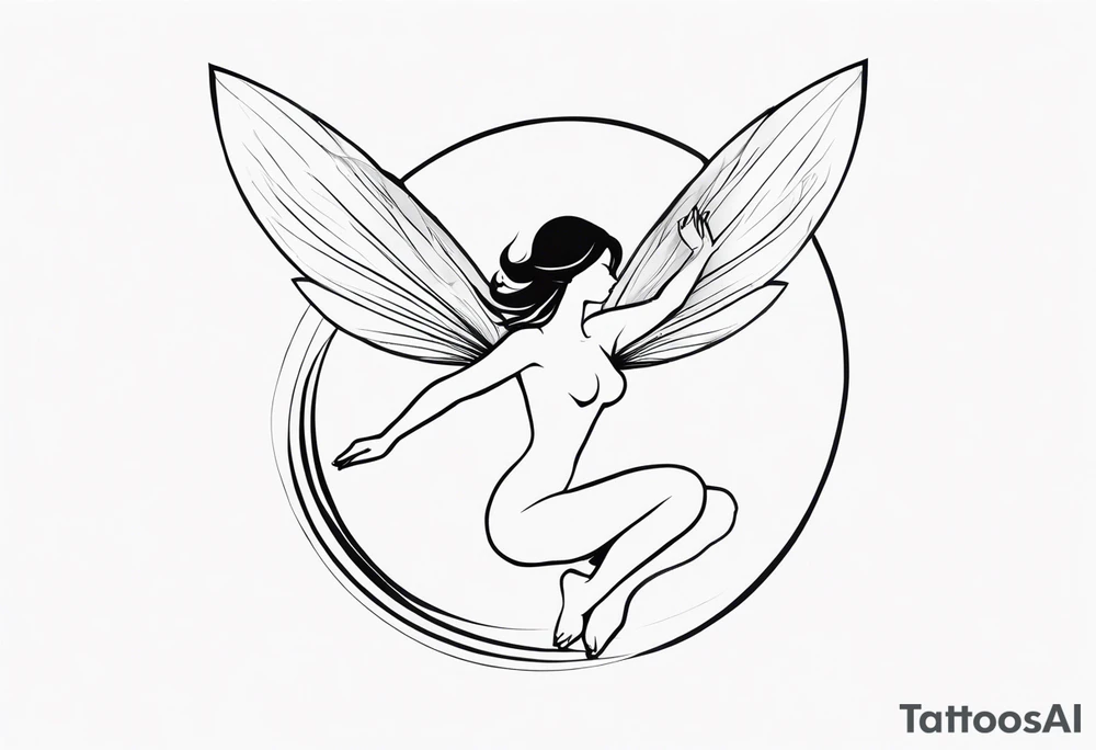 Minimalistic, monochromatic fairy with a tail flying to the left in a fetal position, leaning and looking in the same direction, with visible hands, embodying the 'Fairy Tail' logo aesthetic. tattoo idea