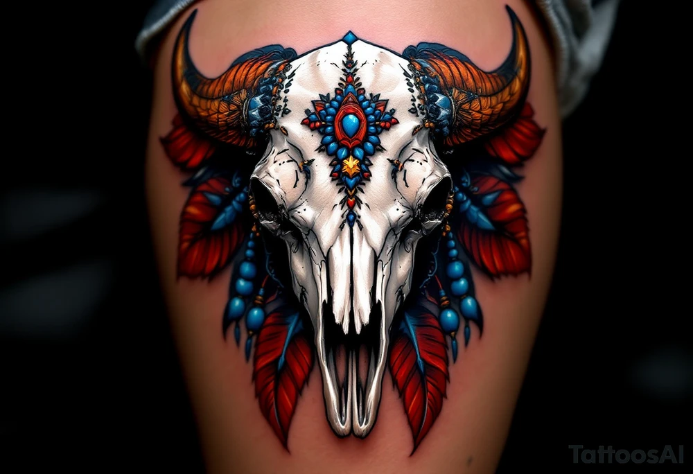 A buffalo skull in white bone with red feathers and blue beads, decorated in ceremonial style. tattoo idea