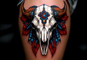 A buffalo skull in white bone with red feathers and blue beads, decorated in ceremonial style. tattoo idea