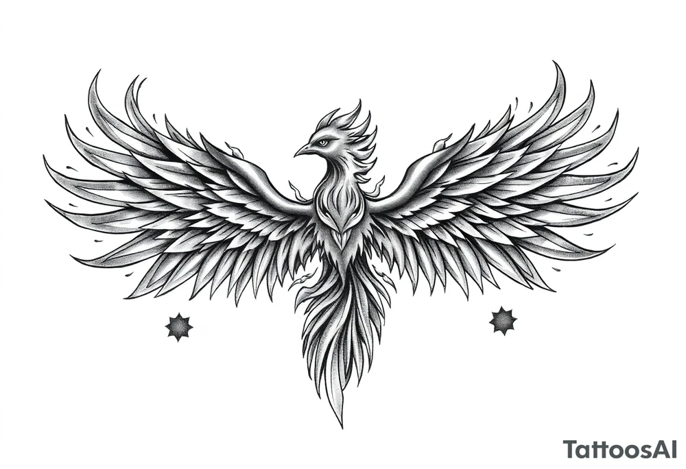 Realistic and symmetrical flaming Phoenix rebirth with spread wings in a down motion surrounded by fire mapped onto chest only.
Phoenix head must be in the middle of the chest, straight and symmetrical.
Fire should be surrounding spread wings
Wings should be spread down only on pectoral muscle towards nipples. tattoo idea