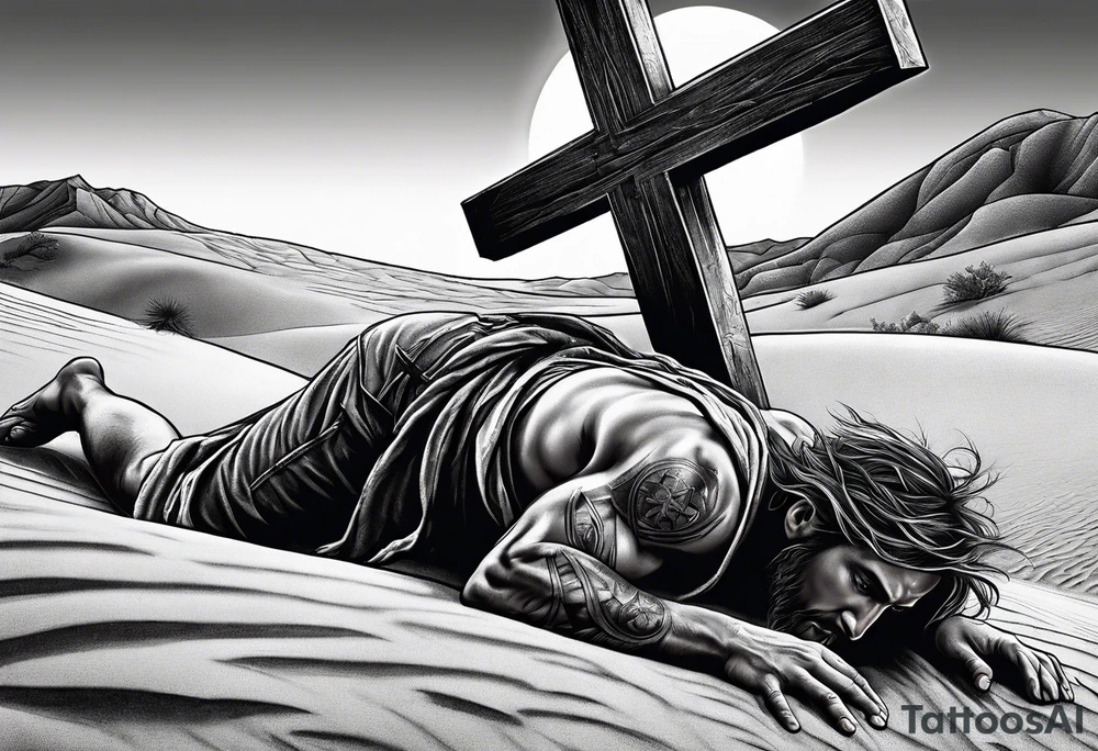 man crawling in a desert reaching to the cross of Christ tattoo idea