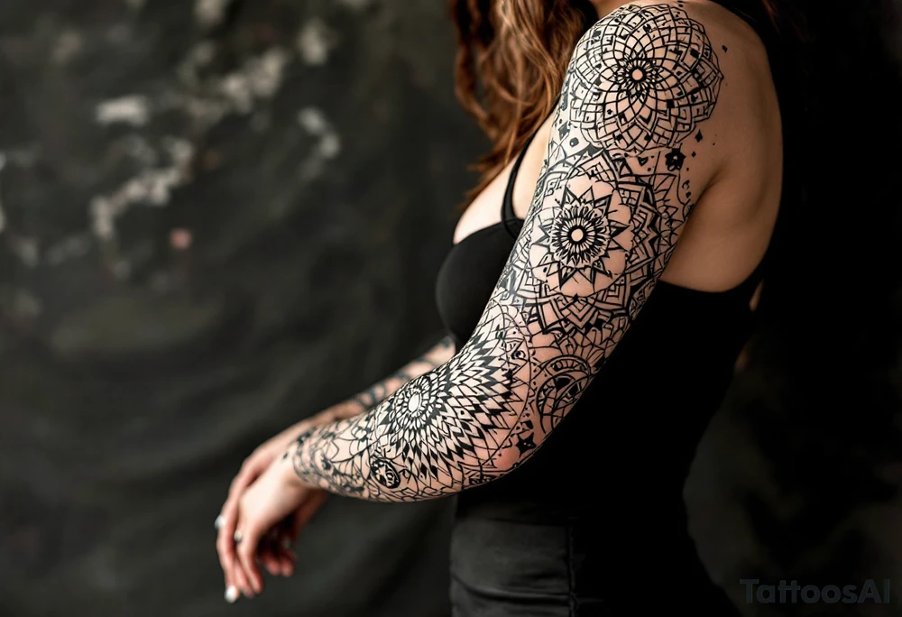 intricate mandala with sacred geometry and cosmic elements tattoo idea