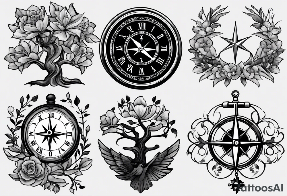 black and grey composition of three elements, 1), combination old school pocket watch and nautical compass in pieces, 2) a tree of life and 3) a doctor bird, connected together by lignum vitae flowers, on the arm 3/4 sleeve black and grey tattoo idea