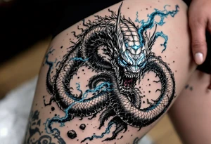 A colossal Thor battling the Midgard Serpent, Jörmungandr, with Mjölnir glowing in his hand, in high-contrast black and grey with electric blue. tattoo idea