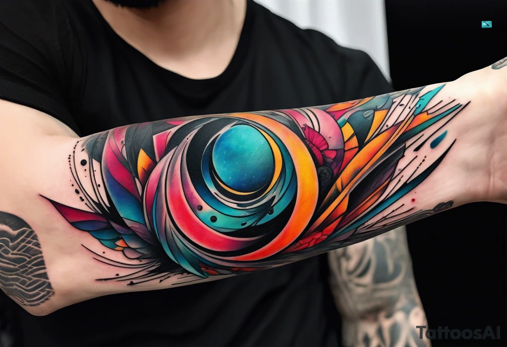 large forearm tattoo with lines, splatters, abstract shapes, very colorful. tattoo idea