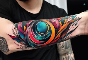 large forearm tattoo with lines, splatters, abstract shapes, very colorful. tattoo idea