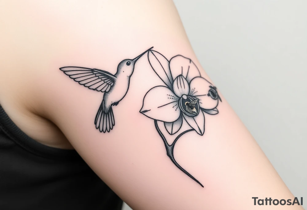 A delicate, black and white fine-line tattoo for male, featuring gracefully detailed 2 orchids in full bloom including their stems, with soft, intricate petals and elegant curves. Beside it, a hummingbird hovers mid-flight, its wings drawn with subtle motion lines, its slender beak reaching toward the orchid’s center to drink its nectar. on the other flower there is a bee that is resting tattoo idea