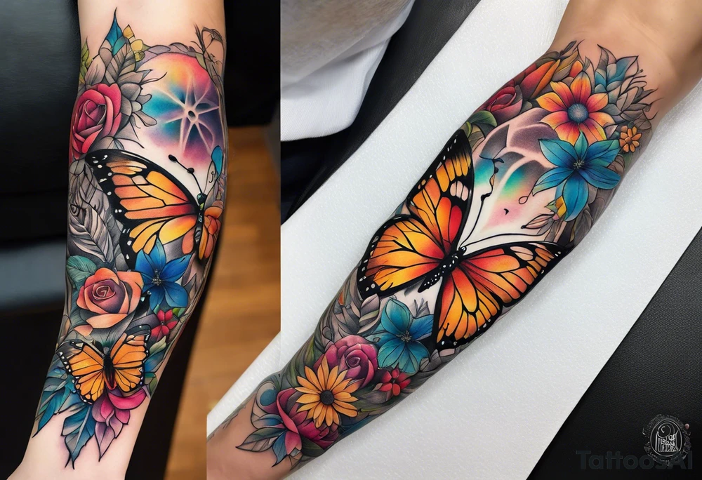arm sleeve with dreamcatcher, rainbow flowers and one butterfly tattoo idea