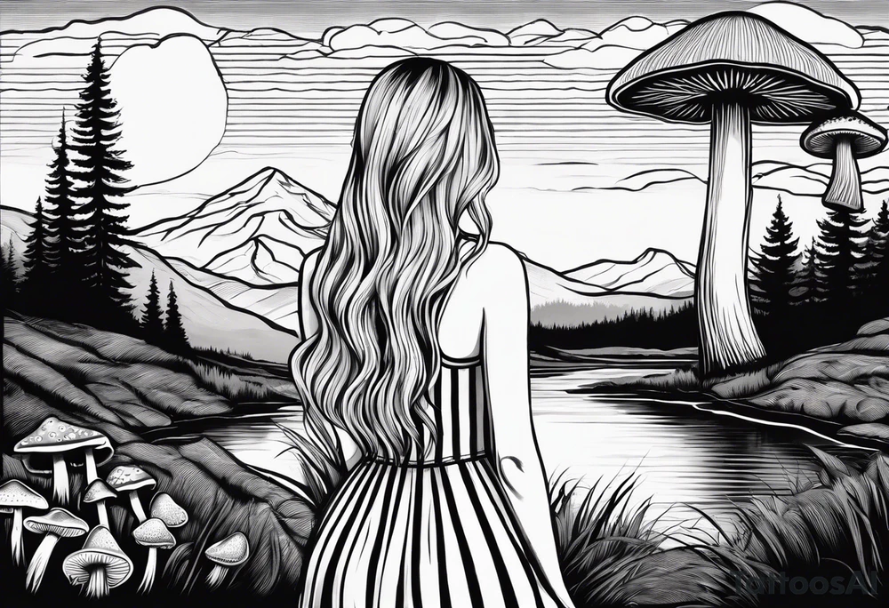 Straight long blonde hair girl standing in right corner in distance holding mushrooms in hand facing away toward mountains and creek surrounded by mushrooms black and white striped dress tattoo idea