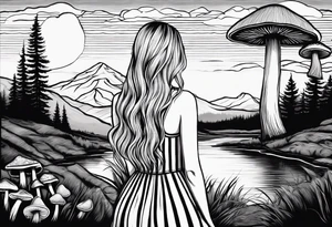 Straight long blonde hair girl standing in right corner in distance holding mushrooms in hand facing away toward mountains and creek surrounded by mushrooms black and white striped dress tattoo idea