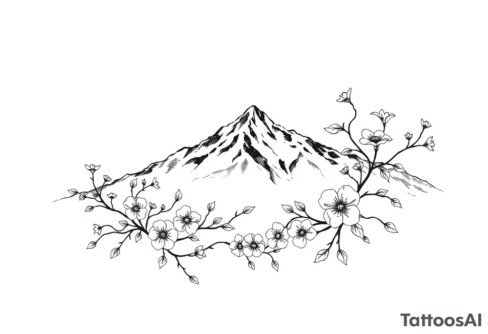 An elongated mountain range with vines and dogwood flowers tattoo idea