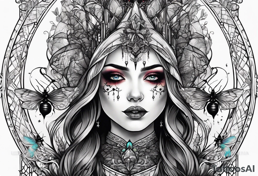 Gothic cathedral with beauty girl face with horror eyes and insects tattoo idea