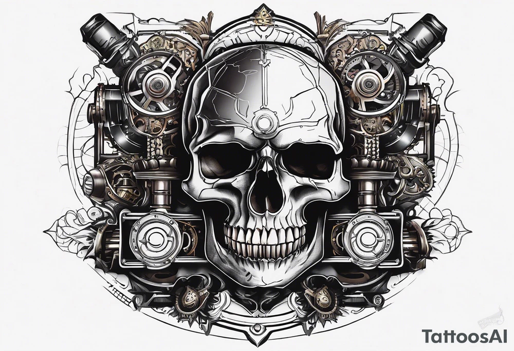 Powerful skull powered by an engine featuring an "steampunk desing" in the image appears a psiton and a turbo, also the dseign must be vertical. Also, the desing must be minimalistic not saturated. tattoo idea