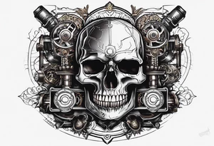 Powerful skull powered by an engine featuring an "steampunk desing" in the image appears a psiton and a turbo, also the dseign must be vertical. Also, the desing must be minimalistic not saturated. tattoo idea