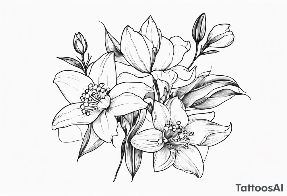 fine line flowers, vines, lily of the valley flower, aster flower, narcissus flower tattoo idea