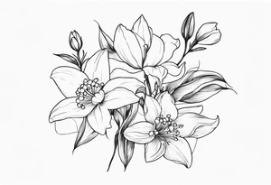 fine line flowers, vines, lily of the valley flower, aster flower, narcissus flower tattoo idea