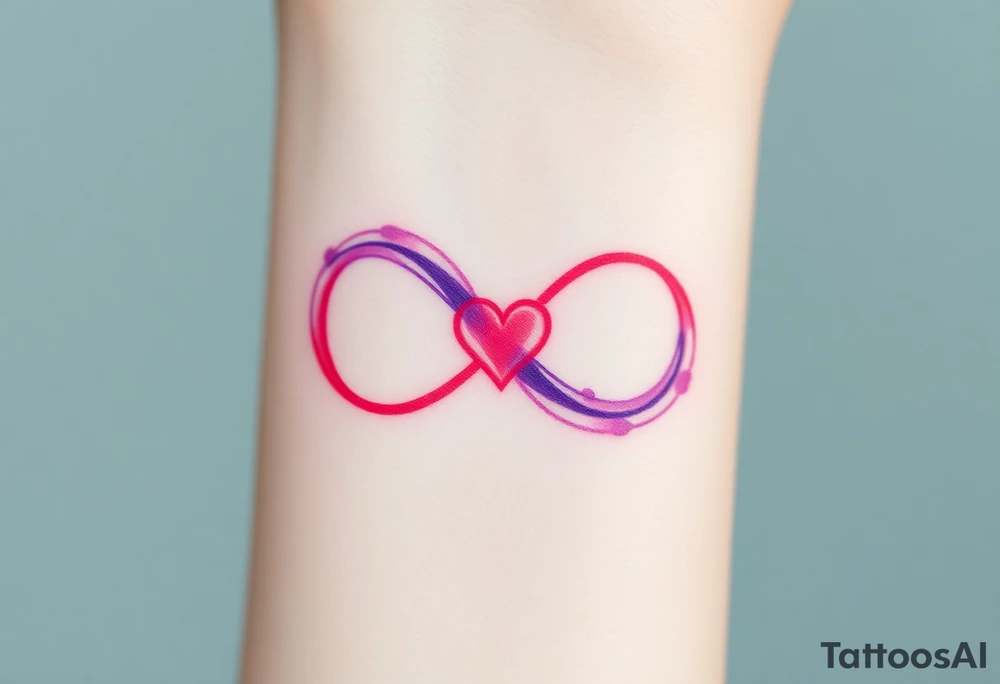 A soft watercolor full infinity symbol blending pink and purple hues, with a tiny heart at the center, creating a dreamy effect tattoo idea