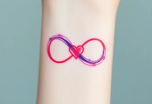 A soft watercolor full infinity symbol blending pink and purple hues, with a tiny heart at the center, creating a dreamy effect tattoo idea