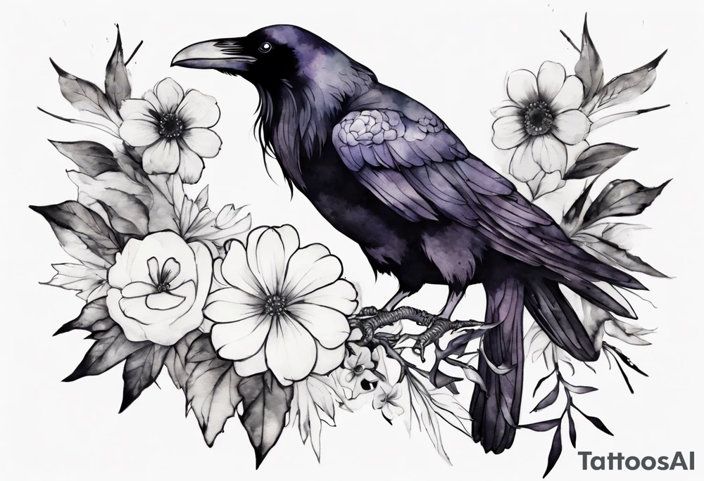 a raven with a white flower in hair tattoo idea