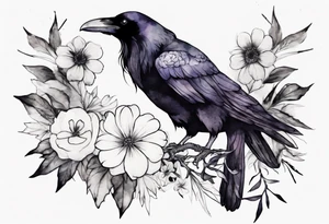 a raven with a white flower in hair tattoo idea