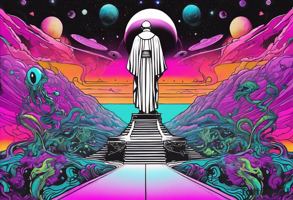 Full Back, synthwave, colossal Alien entities and space stuff, small human on The foreground in awe of The sheer scale of The infinite universe, More absurdist Aliens, Cthulhu-esque Alien pope tattoo idea