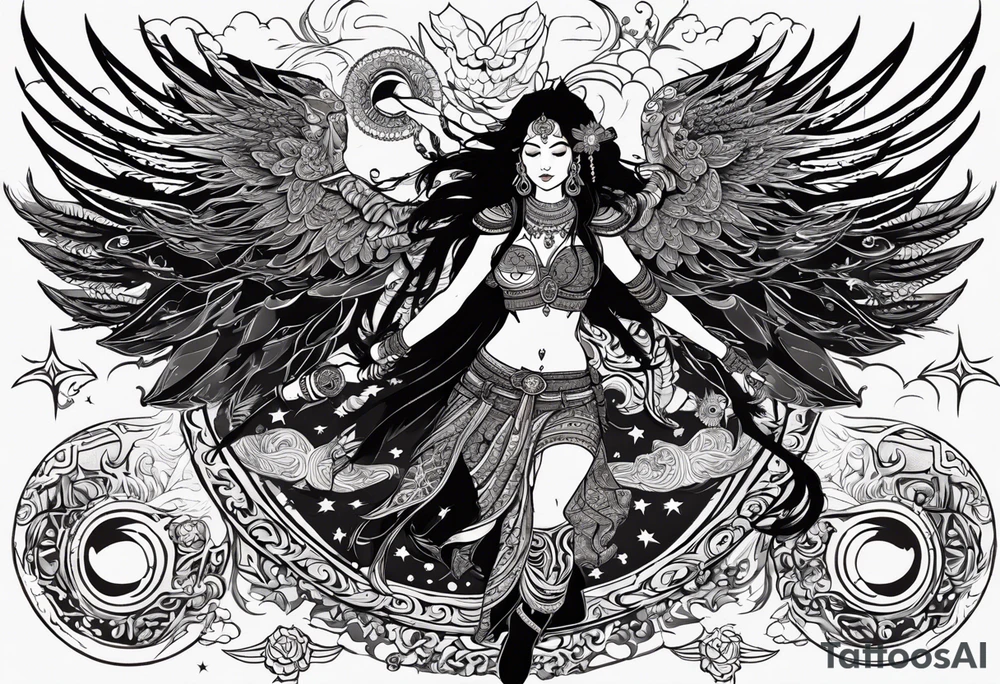 black kali, goddess pirate, alien, angel, pachamama, valkrye, warrior, flying, skull, lotus azul, wing, eagle, zenza resonance, stars, 5D, anahata chakra, death, durga, riding on a tiger, flying lady tattoo idea