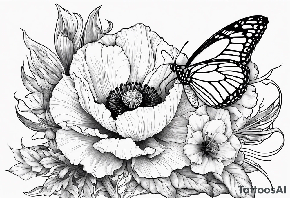 Poppy, gladiolus, butterflies, Leo starsign tattoo idea