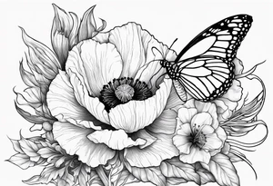 Poppy, gladiolus, butterflies, Leo starsign tattoo idea