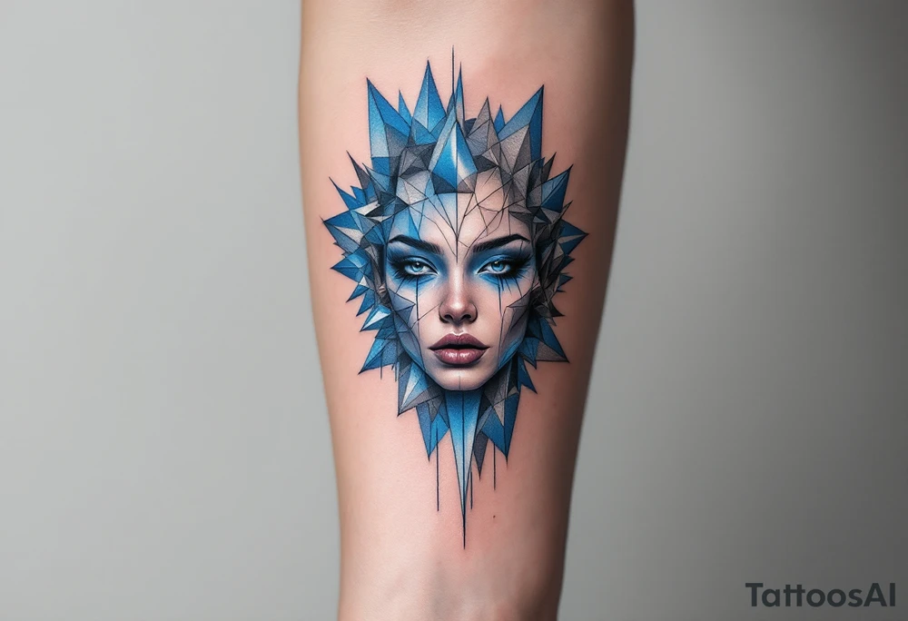 Jeanine’s cold, calculating nature captured through a geometric fractal design, with sharp lines extending outward from her figure. The background features shades of cool blue and silver, representing logic and control. Cool blue, silver, gray. tattoo idea