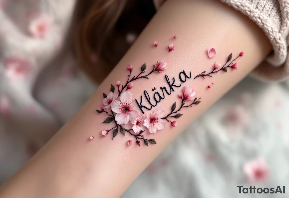 Klárka in delicate script, surrounded by cherry blossom petals in soft pink. tattoo idea