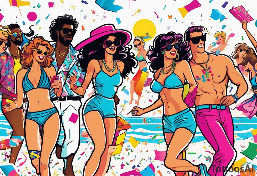 1980's miami vice style beach dance 
party, include confetti, music notes, boom box, bikinis tattoo idea