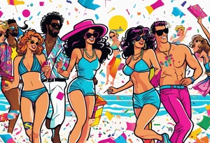 1980's miami vice style beach dance 
party, include confetti, music notes, boom box, bikinis tattoo idea