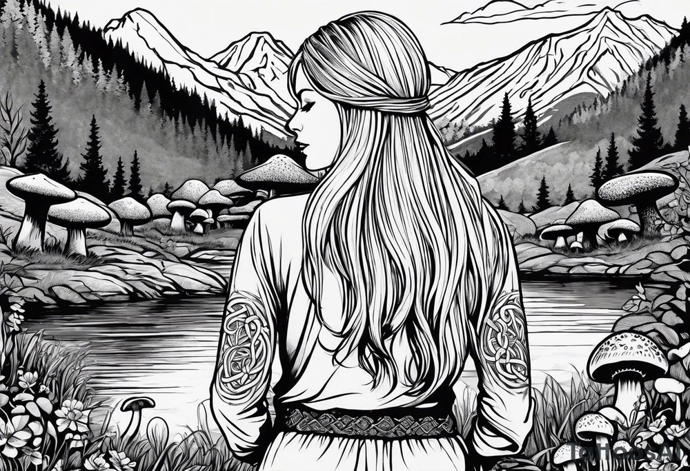 Whole picture encircled fully

Straight long blonde hair hippie girl in distance holding mushrooms in hand facing away toward mountains and creek surrounded by mushrooms long sleeve shirt and hiking pants; whole rendering within a full celtic circle, no cut off circle tattoo idea