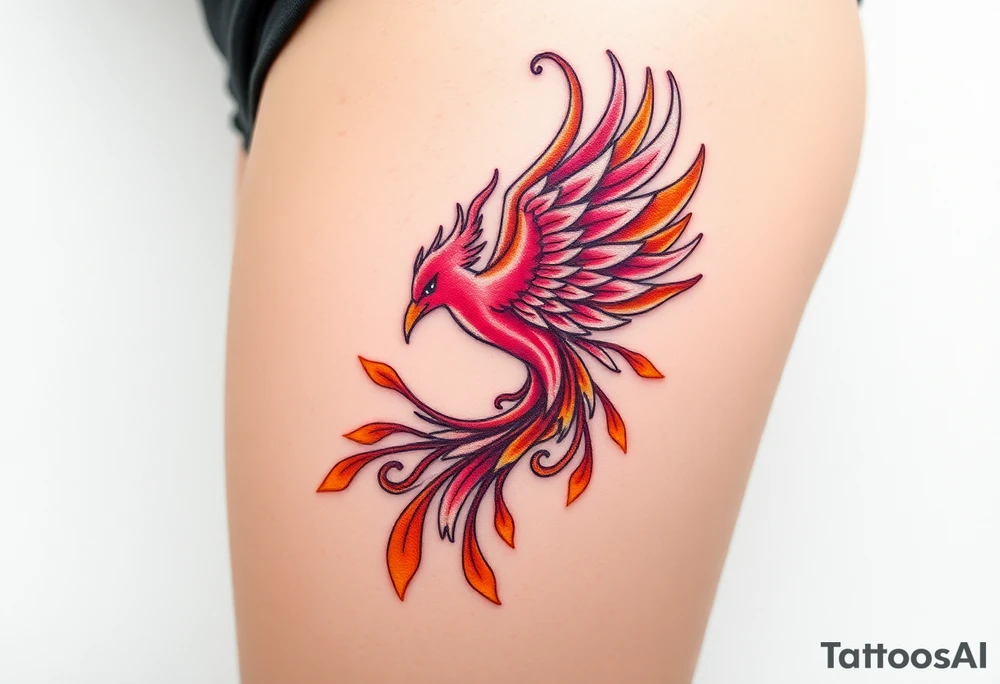 magnificent phoenix rising from flames with trailing embers pinks golds orange and yellows tattoo idea