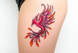 magnificent phoenix rising from flames with trailing embers pinks golds orange and yellows tattoo idea