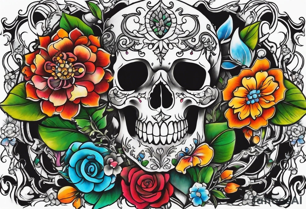 Neo traditional floral chest piece tattoo with small animal skulls and crystals tattoo idea