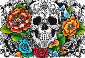 Neo traditional floral chest piece tattoo with small animal skulls and crystals tattoo idea