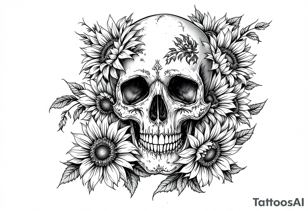 ornate skull adorned with wild roses and sunflowers tattoo idea