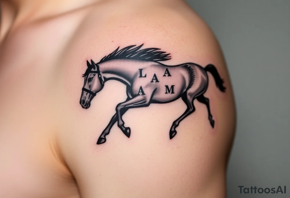 horse silhouette 
from the front which gallops from the front, with the 3 small letters discreetly integrated: L, A, M tattoo idea