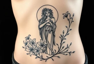 large tattoo that includes greek themed scenery and a greek goddess and also features lily flowers and dainty vines tattoo idea