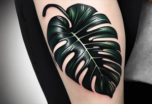 Abstract but realistic monstera leaf tattoo to go on the right leg on the outside of the leg next to the shin with a stem going down behind the ankle. Make it not so dark with lighter shading tattoo idea